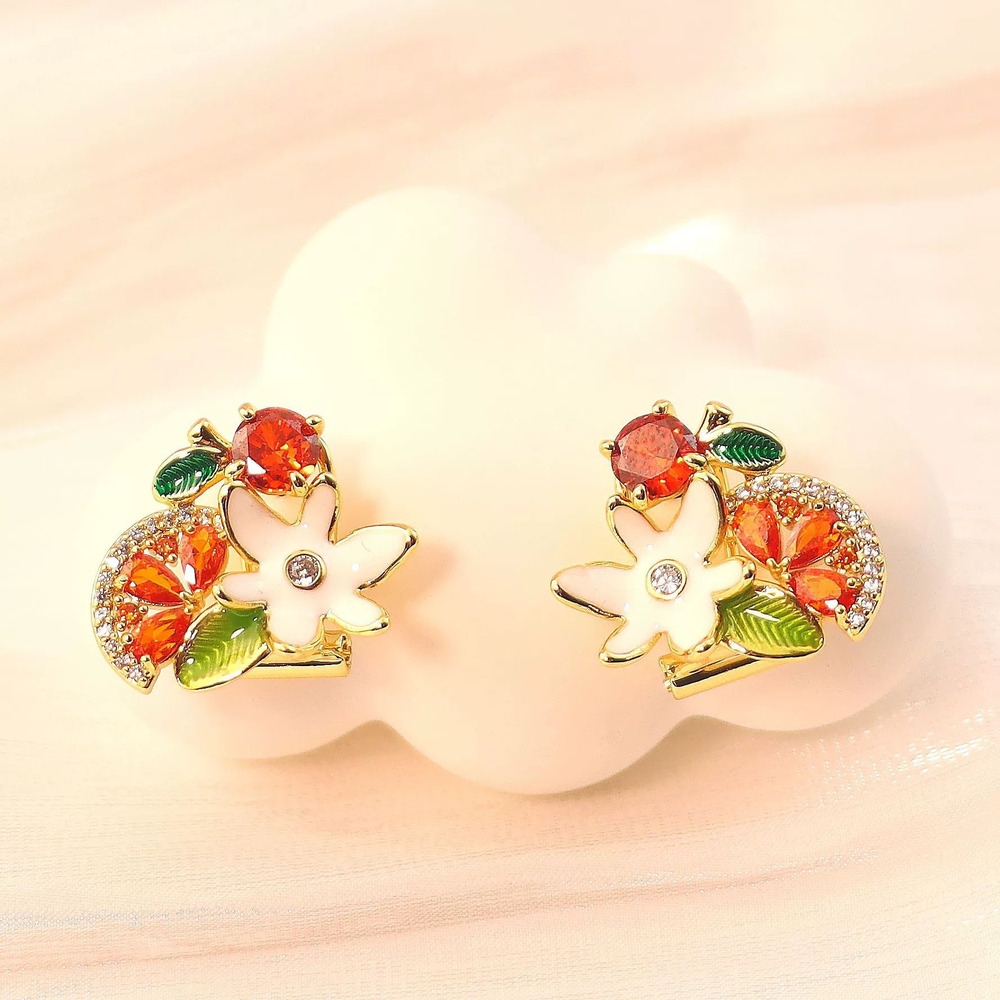 Kate SPADE Grapefruit Enamel Flower Leaf Colorful Zircon Stud Earrings